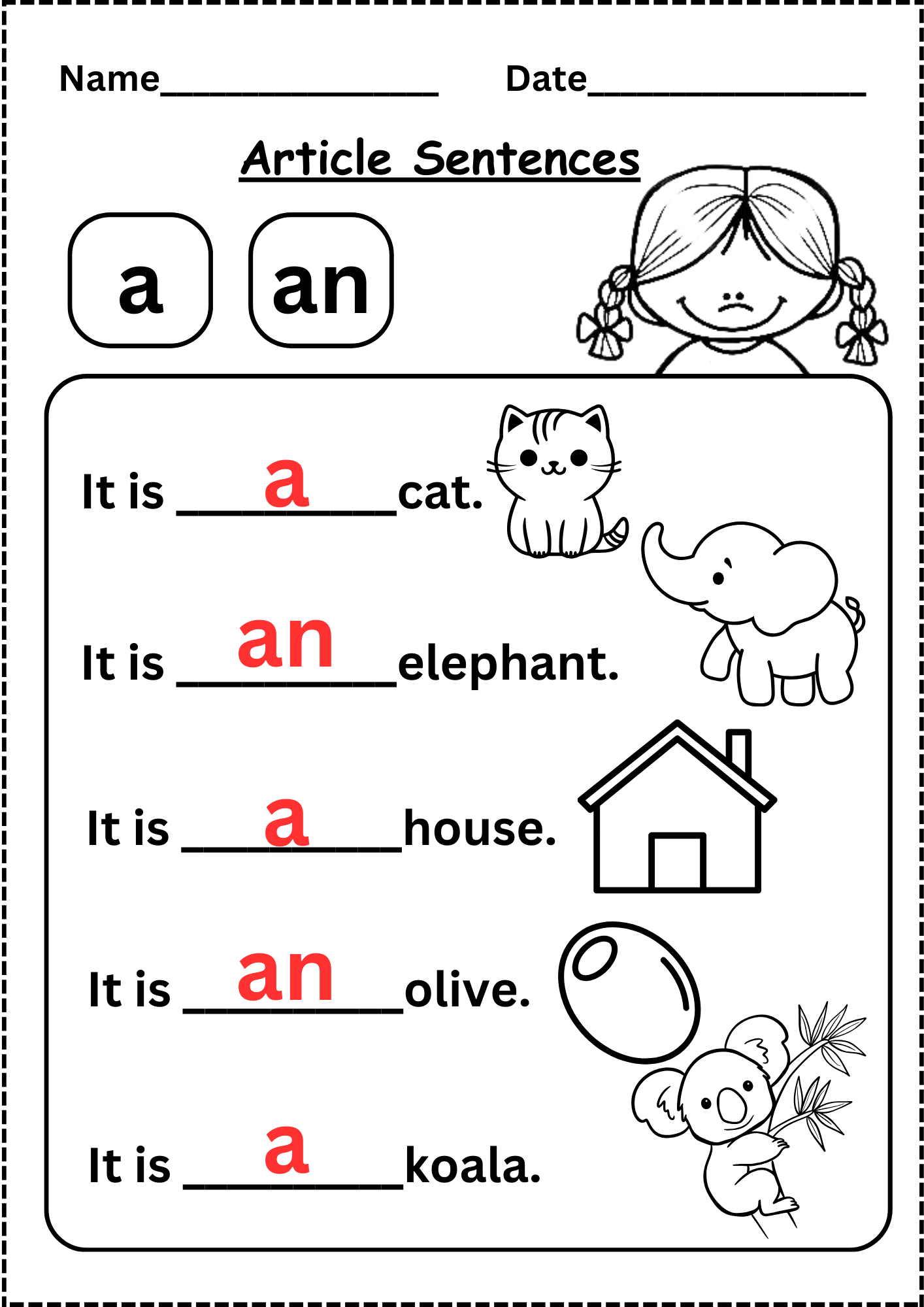 A Or An Free Worksheet For Kindergarten for Printable Kindergarten English Worksheets