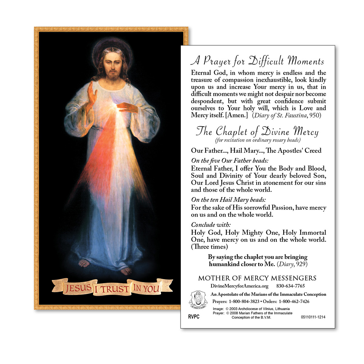 A Prayer For Difficult Moments With Chaplet Of Divine Mercy Prayer Card - 50 Pack in Printable Divine Mercy Prayer Card