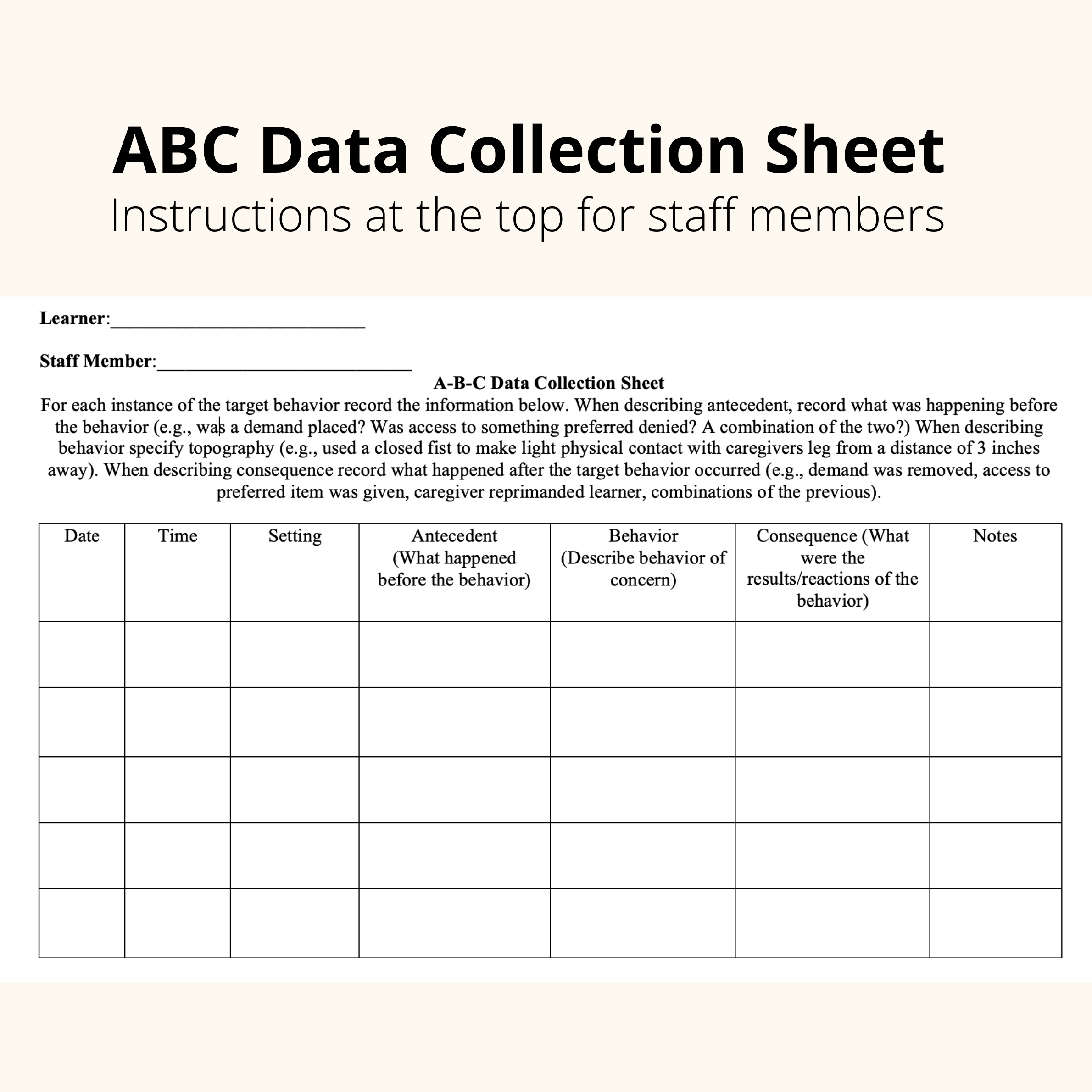 Abc Data Collection Sheet for Printable Behavior Data Collection Sheets