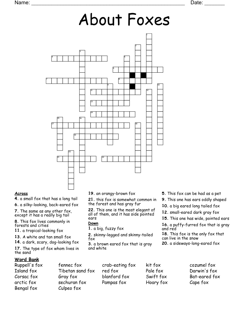 About Foxes Crossword - Wordmint intended for Fox Crossword Puzzle Today Printable Free