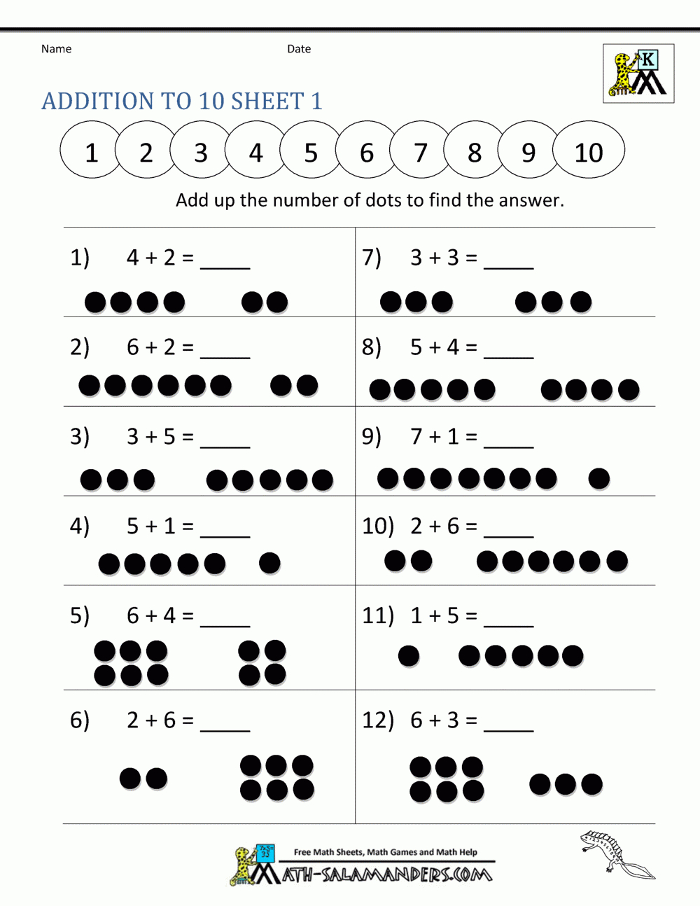 Addition And Subtraction Worksheets For Kindergarten for Printable Adding to 10 Worksheet