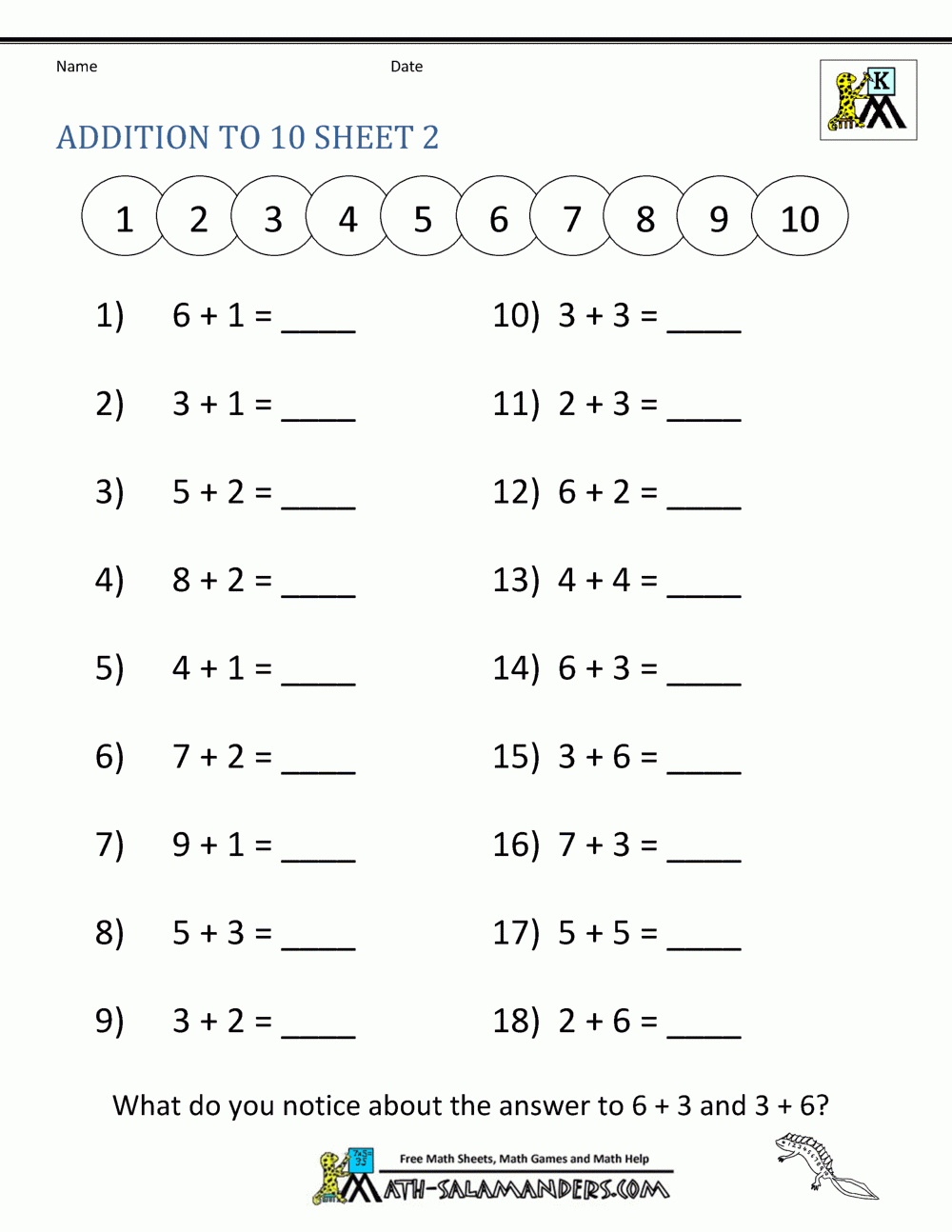 Addition Math Worksheets For Kindergarten for Printable Adding to 10 Worksheet