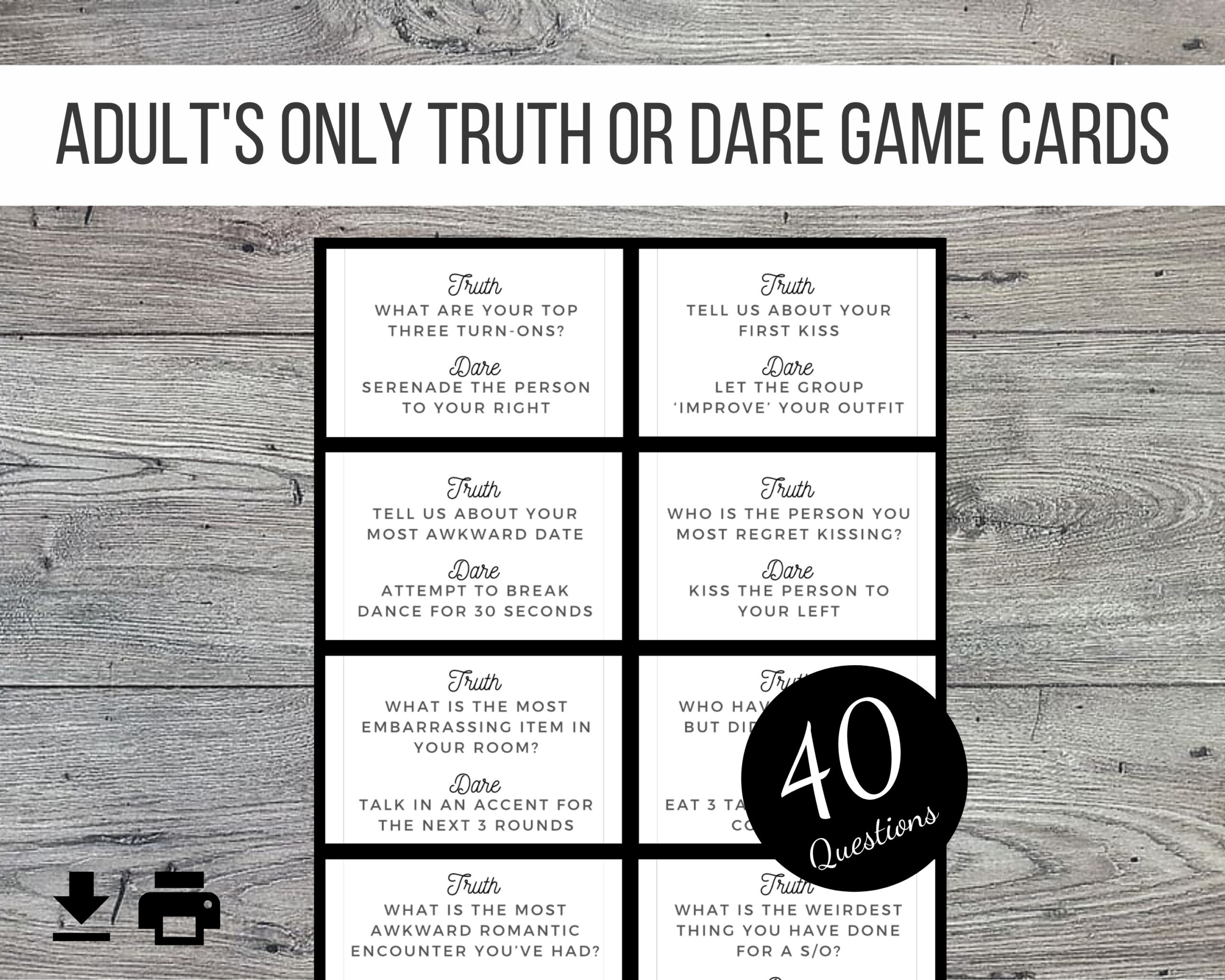 Adults Only Truth Or Dare Printable Party Game, 40 Cards within Printable Truth Or Dare Cards For Adults