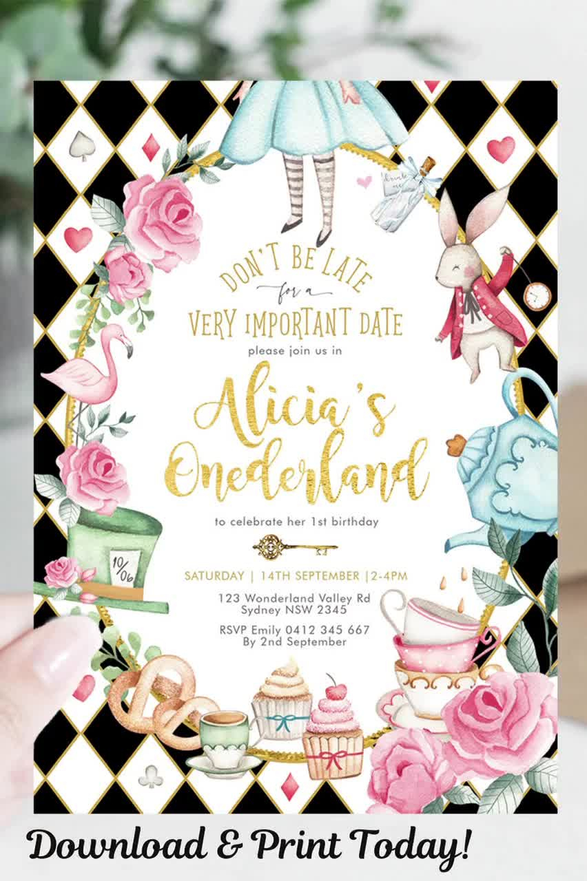 Alice In Wonderland Invitation Template, Alice In Onederland 1St Birthday Invite, Mad Tea Party, Editable Printable Instant Download, Al1 intended for Templates Free Printable Free Downloadable Alice In Wonderland Invitations