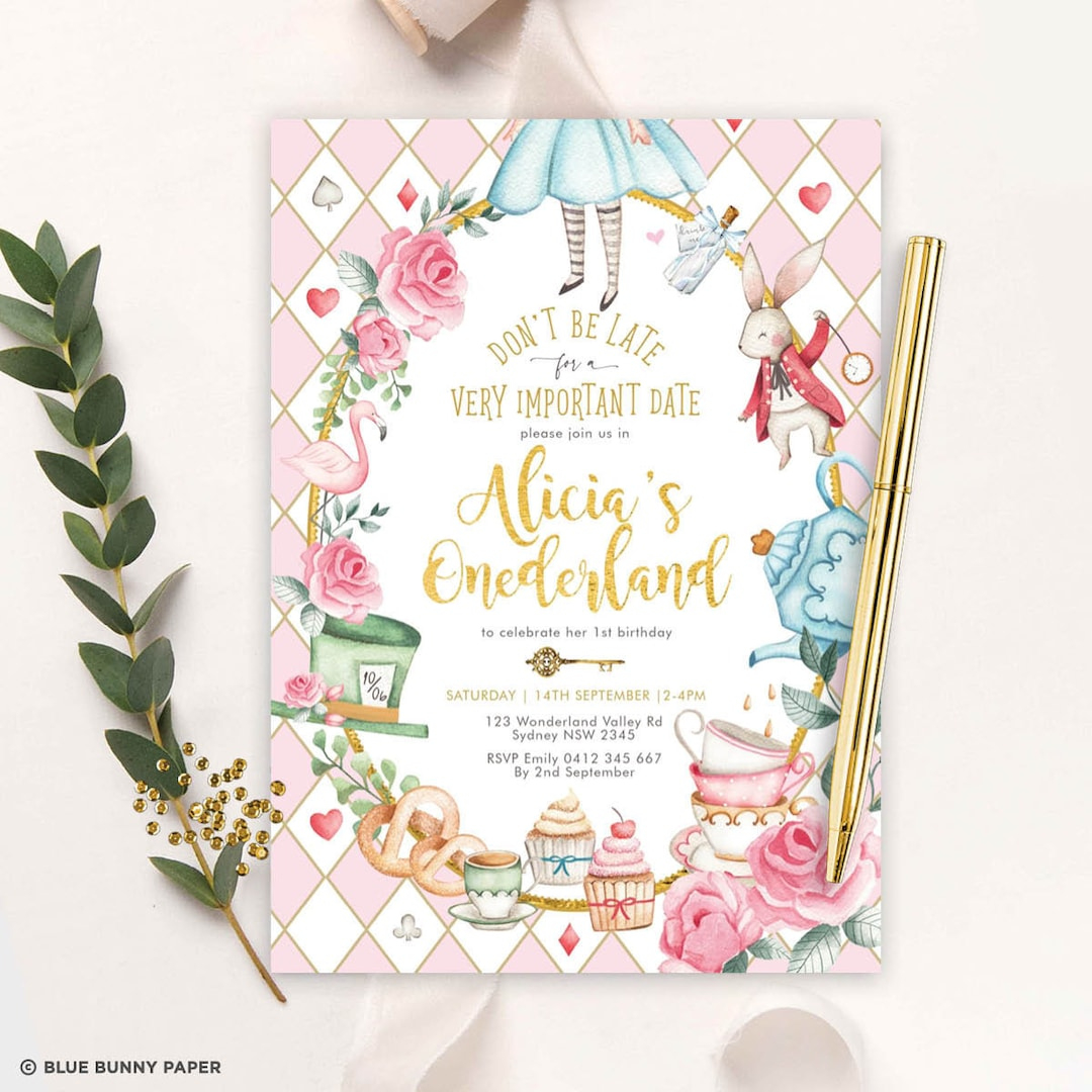 Alice In Wonderland Invitation Template, Editable Onederland Girl pertaining to Templates Free Printable Free Downloadable Alice In Wonderland Invitations
