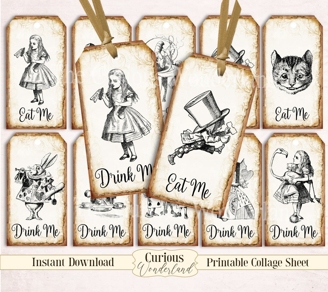 Alice In Wonderland Party Tags, Labels, Eat Me, Drink Me, Printable Tags, Favors Tea Party Mad Hatter Digital Download - Etsy.de for Free Printable Alice in Wonderland Eat Me Tags