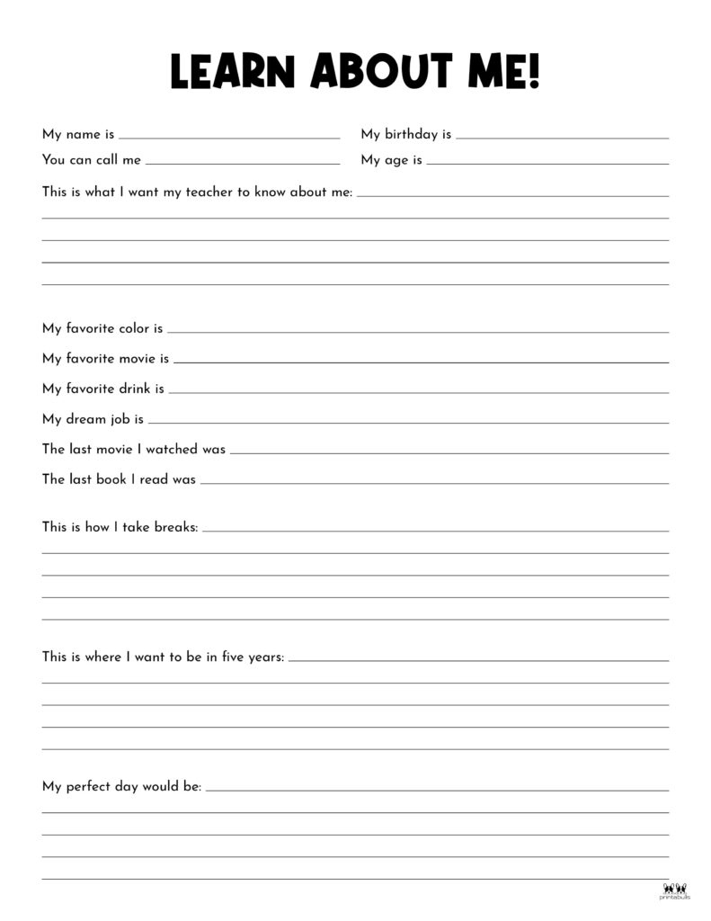 All About Me Printable Worksheets - 50 Free Printables pertaining to Printable Worksheets For Adults