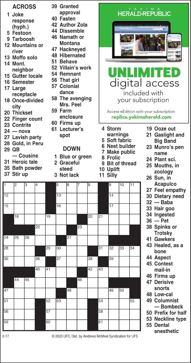 Am Crossword: Feb. 17, 2023 | Crosswords | Yakimaherald in Newsday Crossword Printable Today