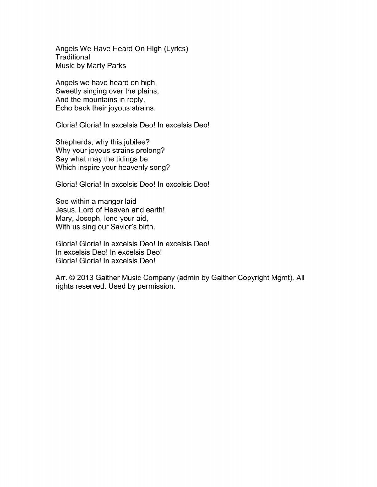 Angels We Have Heard On High (Lyrics - Praisegathering for Lyrics to Angels We Have Heard on High Printable