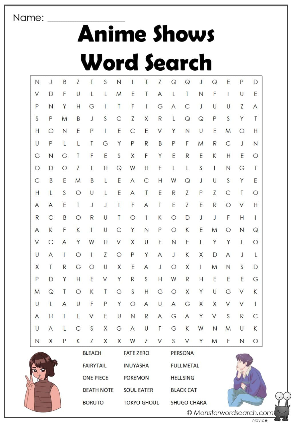 Anime Shows Word Search - Monster Word Search inside Anime Word Search Printable