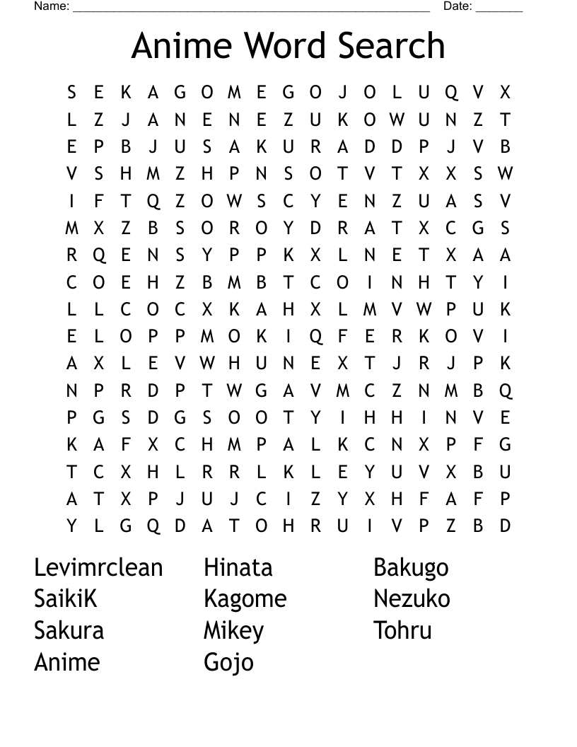 Anime Word Search - Wordmint inside Anime Word Search Printable