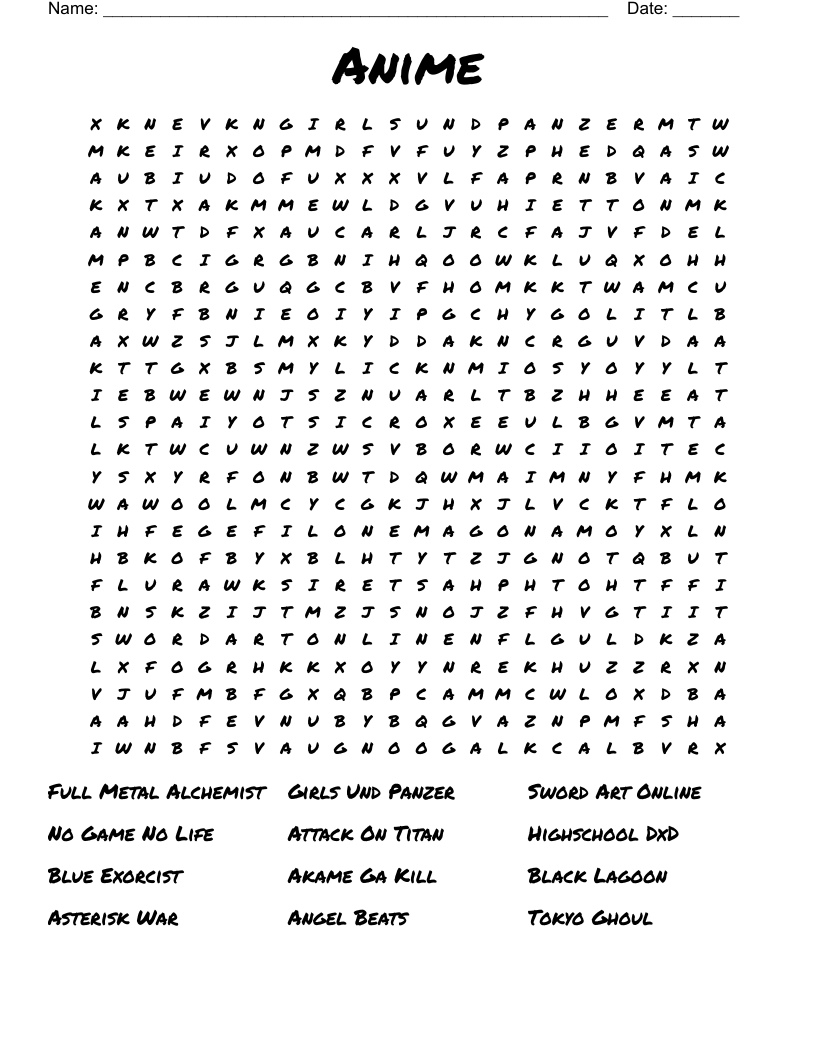 Anime Word Search - Wordmint with Anime Word Search Printable