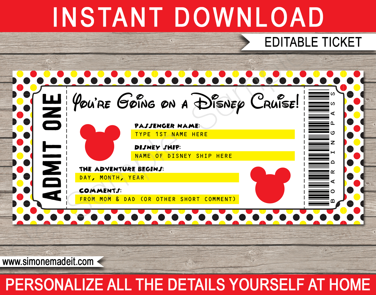 Any Occasion Disney Cruise Ticket - Polka Dot pertaining to Free Printable Disney Cruise Ticket
