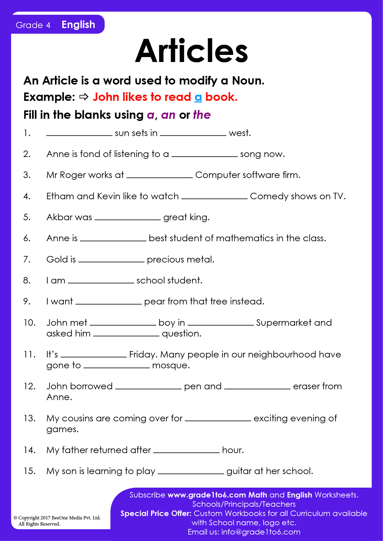 Articles Worksheet For Class 4 | Grade1To6 inside Printable Grammar Worksheets For Grade 4