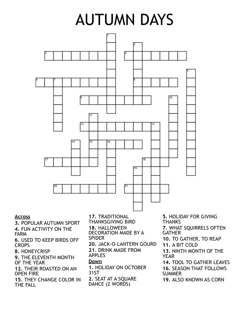 Autumn Days Crossword - Wordmint within Autumn Crosswords Printable