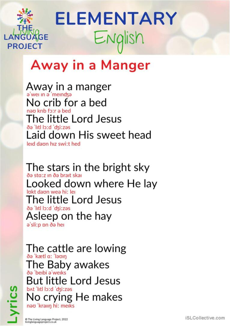 Away In A Manger - Lyrics General Vo…: English Esl Worksheets Pdf intended for Away In A Manger Lyrics Printable