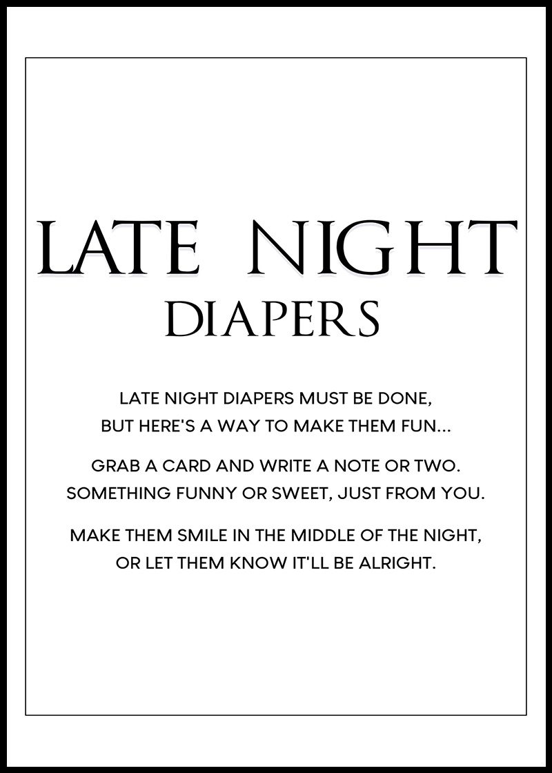 Baby Shower Games - Free Printables - Late Night Diapers - for Late Night Diaper Messages Free Printable