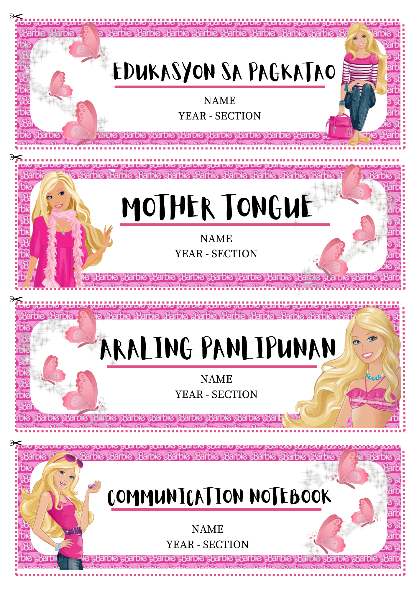 Barbie Theme Name Tag & Notebook Labelreginemorales - Raket.ph with regard to Barbie Name Tag Template Printable