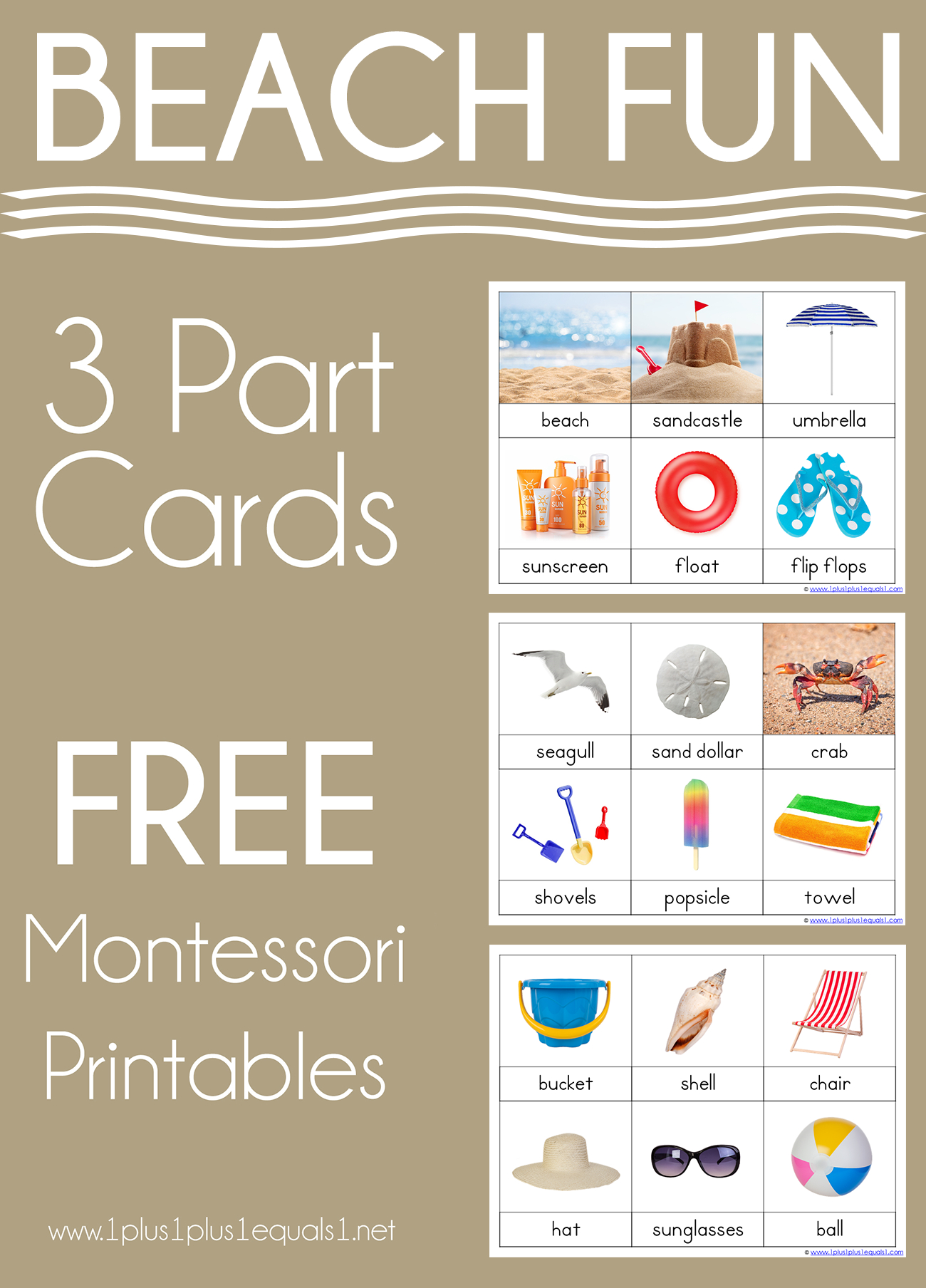 Beach Montessori Printables - Free 3 Part Cards - 1+1+1=1 with Free Montessori Printables
