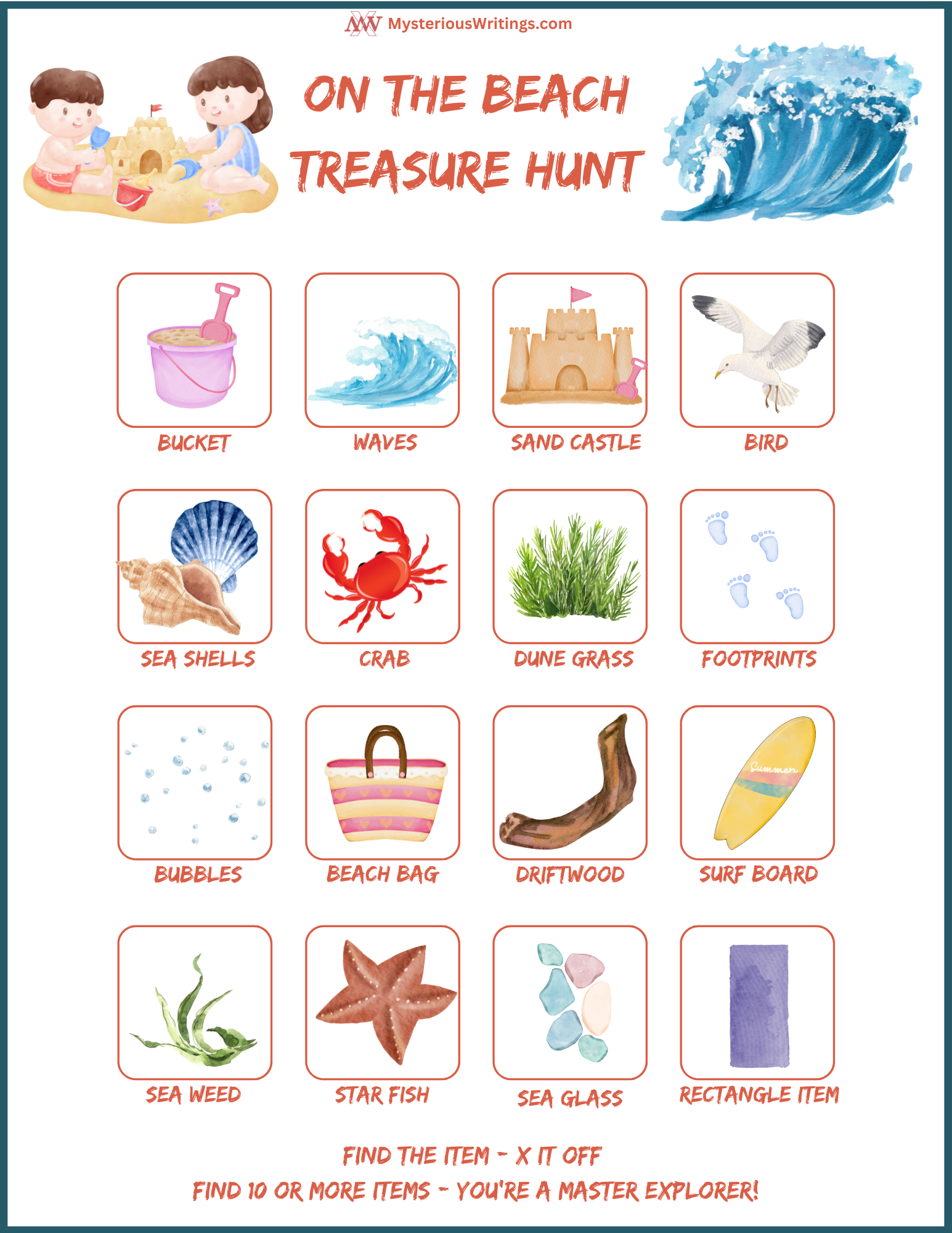 Beach Scavenger Hunt For Kids- Free Printable - Mysterious Writings throughout Beach Scavenger Hunt Free Printable