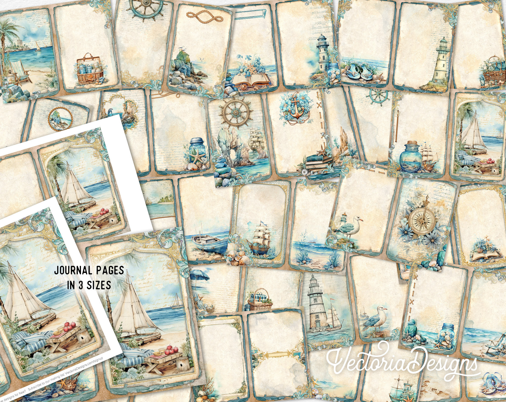 Beach Walk Junk Journal Kit, Beach Crafting Printables Kit in Vectoria Designs Free Printables