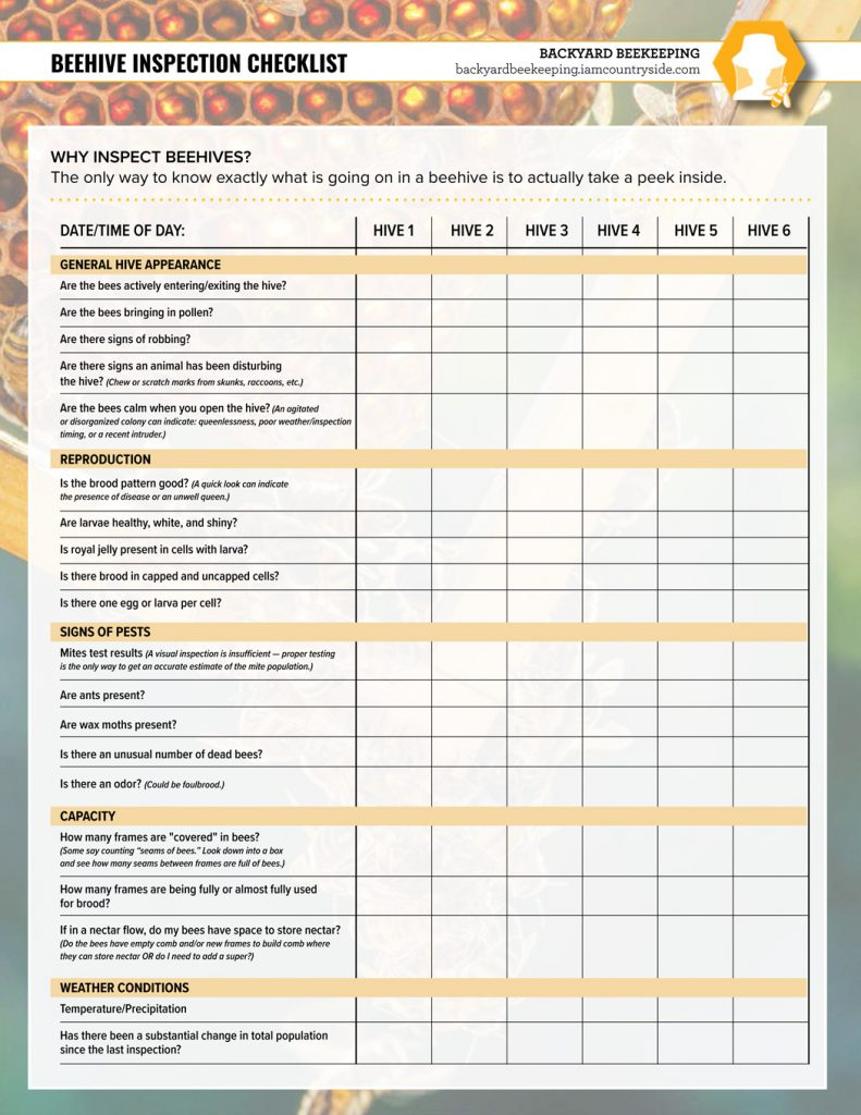 Beehive Inspection Checklist - Backyard Beekeeping throughout Free Printable Hive Inspection Sheets