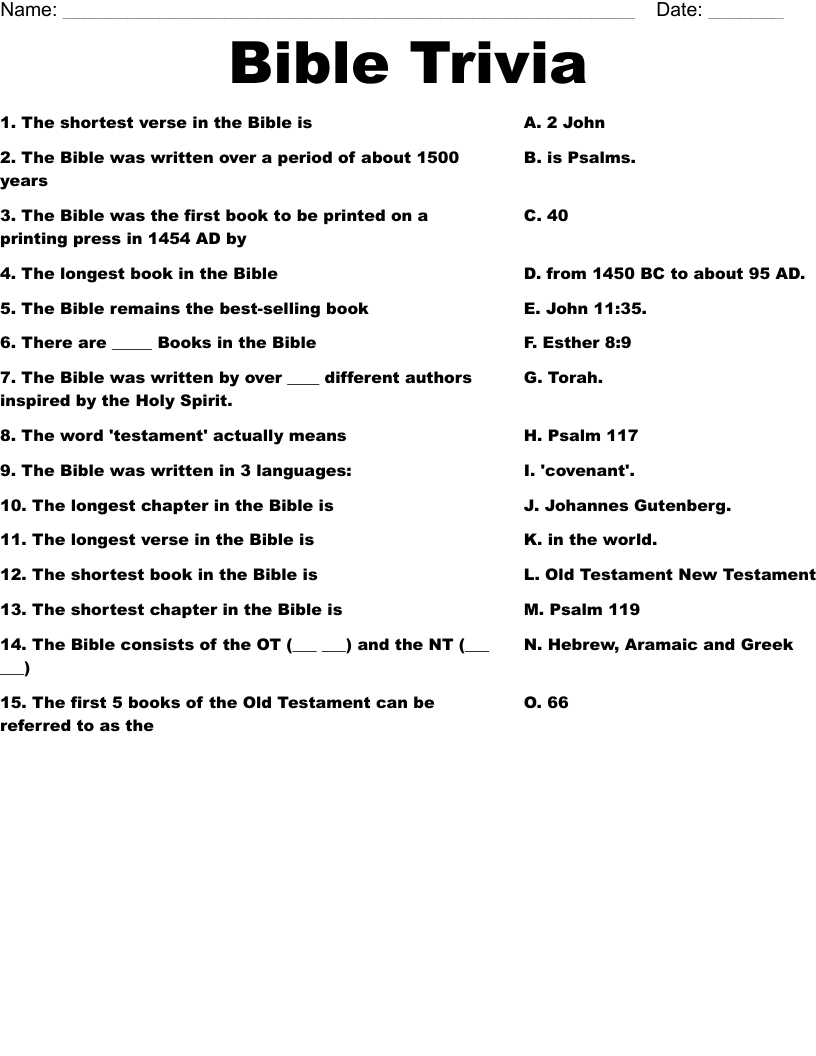 Bible Trivia Worksheet - Wordmint in Bible Trivia Quiz Printable