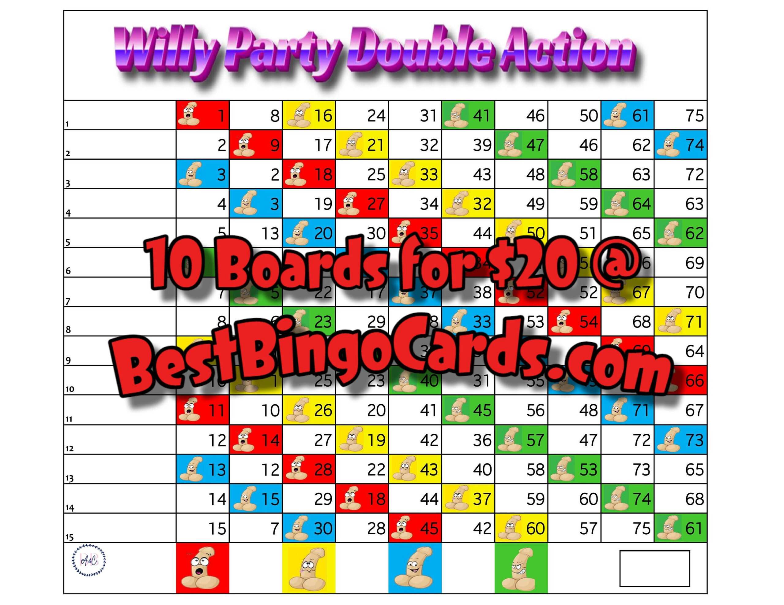 Bingo Boards 1-15 Line Double Action - Willy Party - Straight for Double Action Bingo Cards