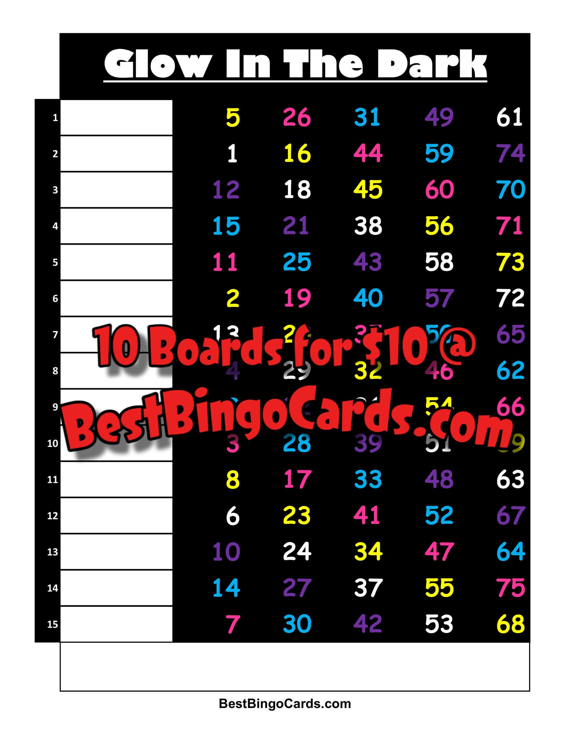 Bingo Boards 1-15 Lines - Glow In The Dark - Straight And Mixed 75 with regard to Glow In The Dark Bingo Cards