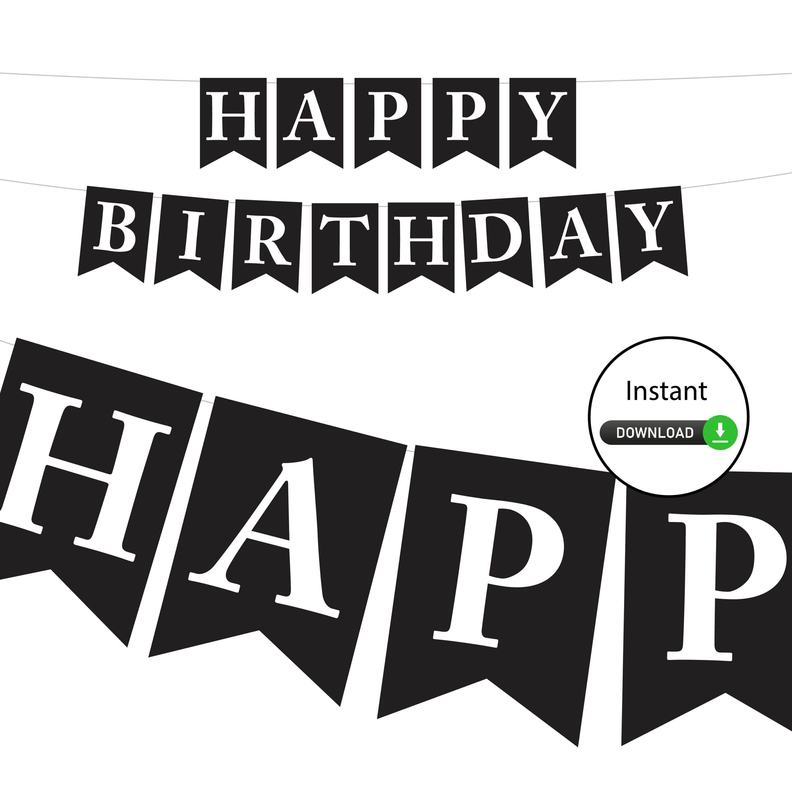 Black And White Happy Birthday Banner (Digital) - Instant Download intended for Happy Birthday Printable Banner Black and White