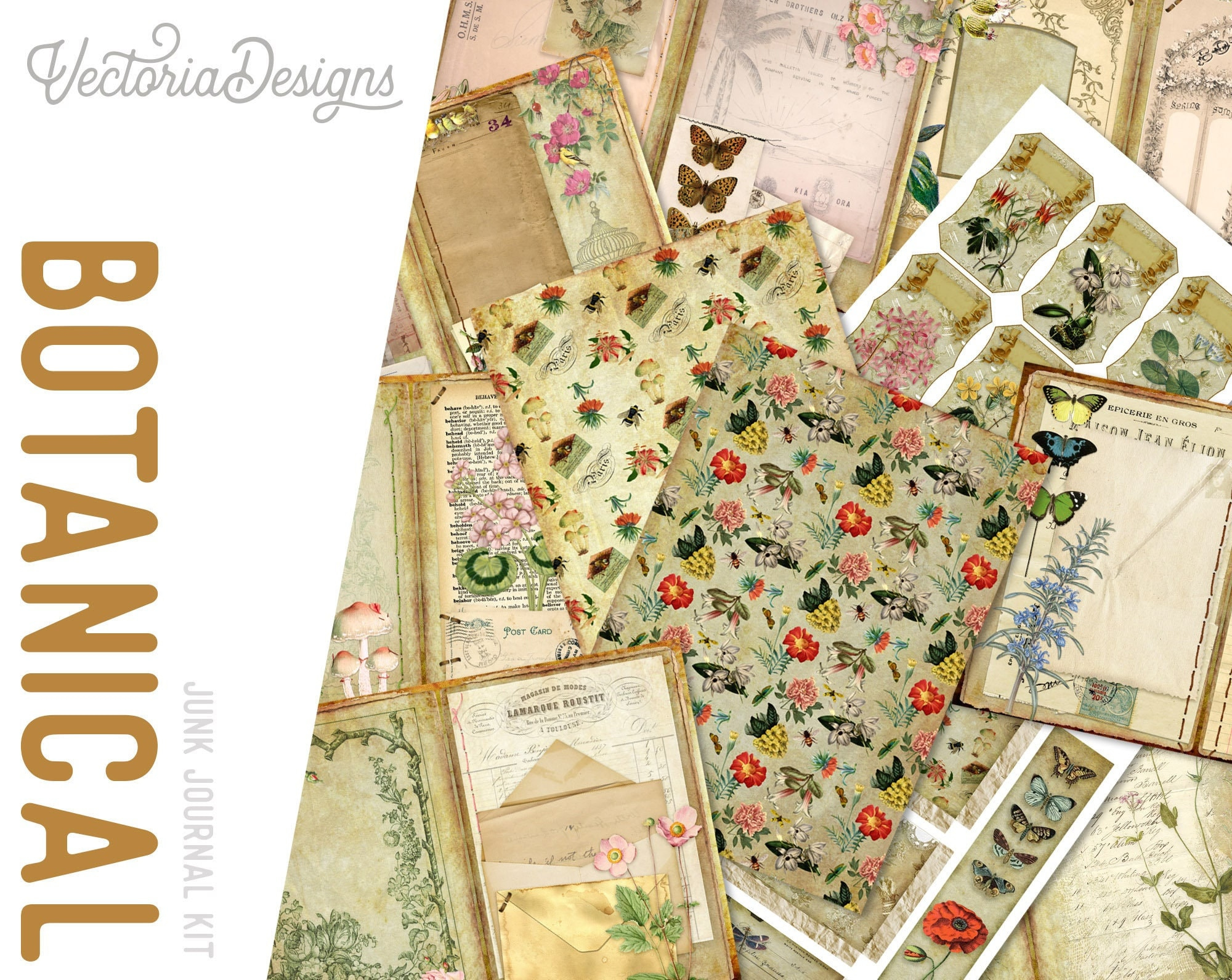 Botanical Junk Journal Kit, Printable Cottagecore Journal regarding Vectoria Designs Free Printables