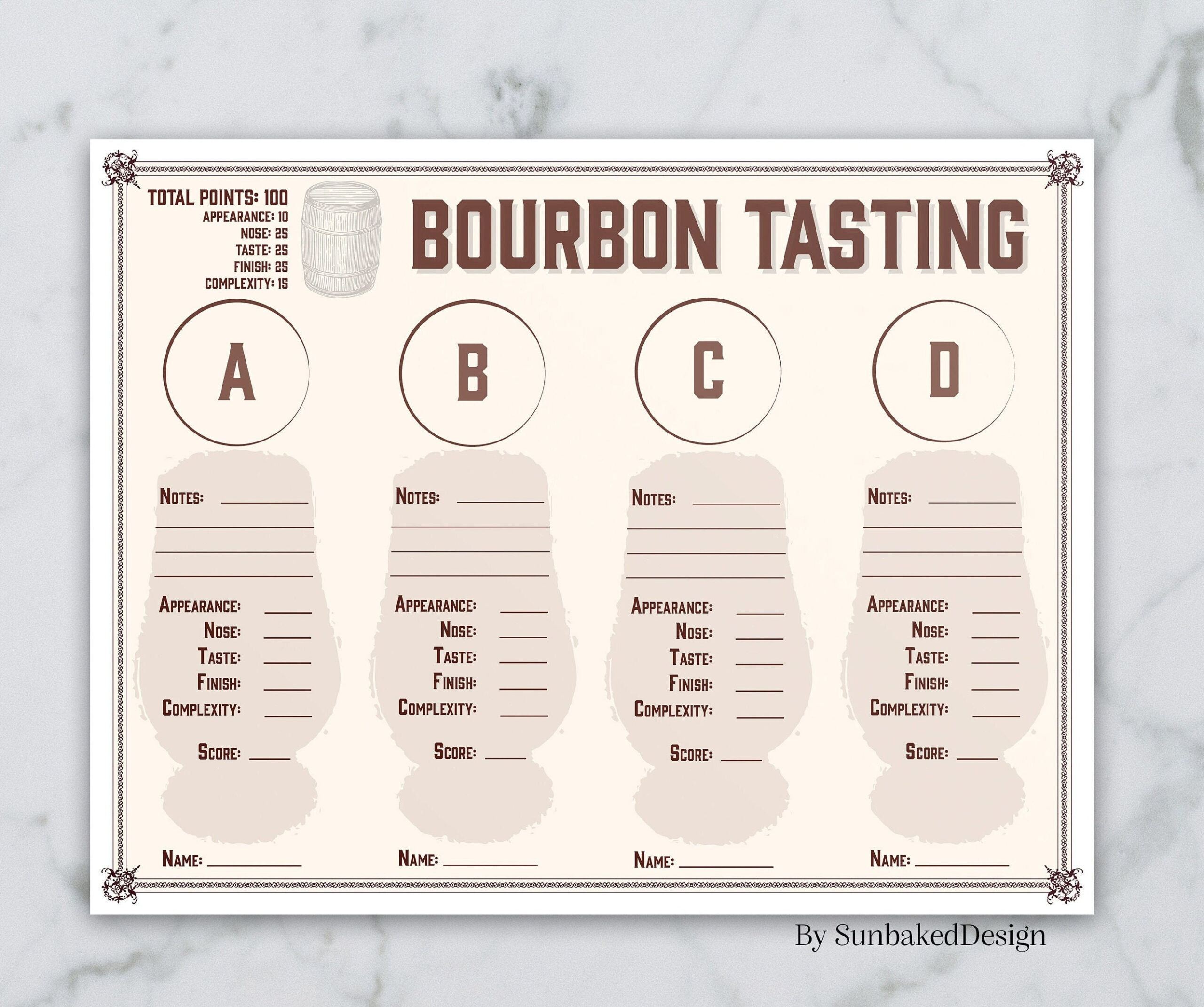 Bourbon Verkostungsbogen Für 4 - Bourbon Tasting Mat - Bourbon Scorecard - Instant Download in Free Printable Bourbon Tasting Mat