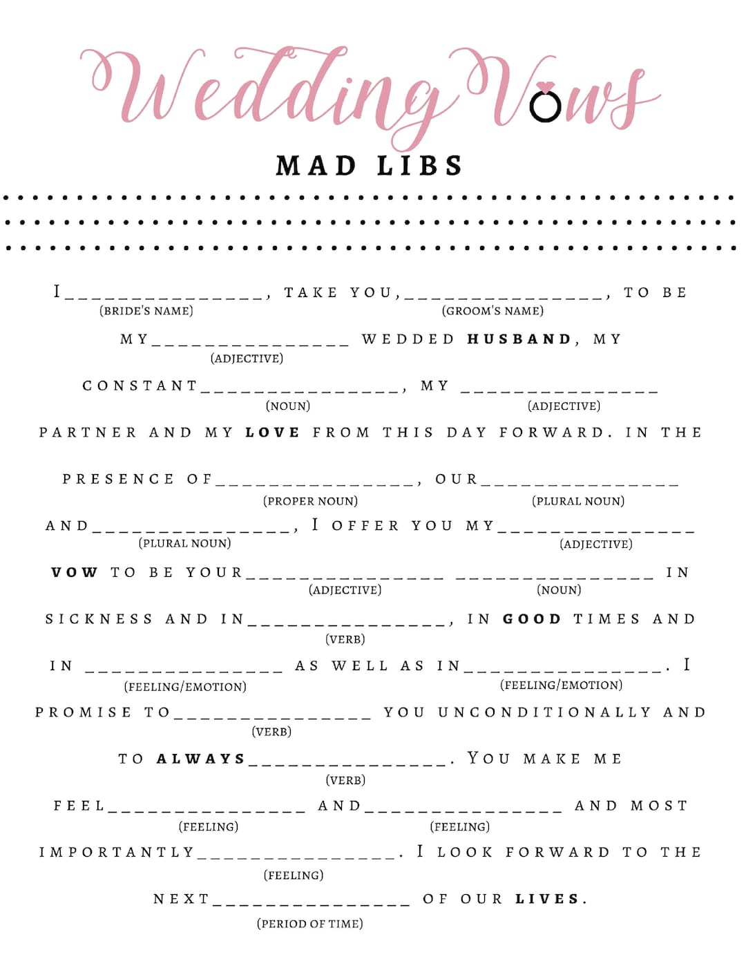 Bridal Shower Game - Wedding Vow Mad Libs - Bride + Groom - Etsy with regard to Wedding Vow Mad Libs Free Printable