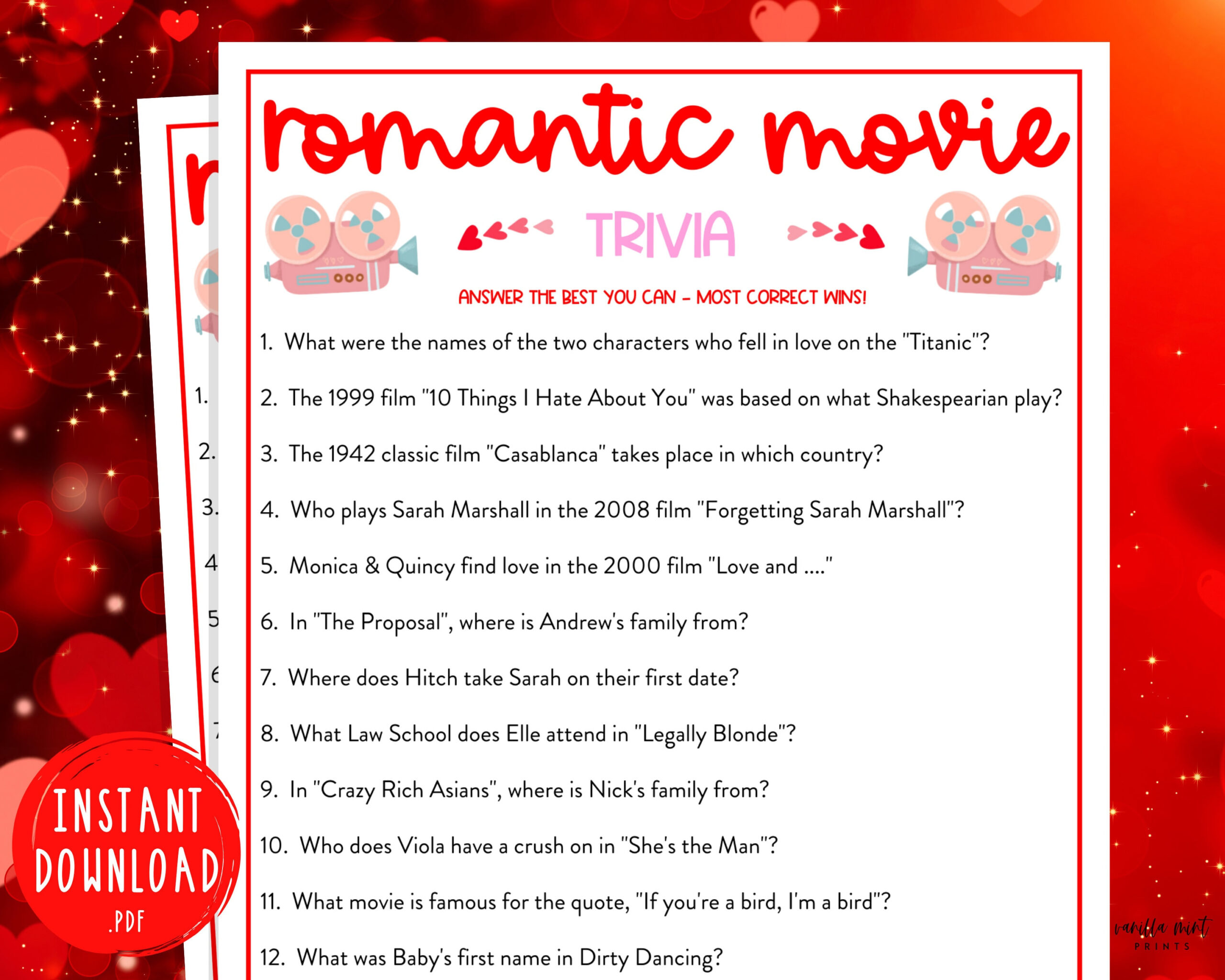 Buy Valentine&amp;#039;S Day Romantic Movie Trivia Game | Fun Valentine&amp;#039;S regarding Romantic Movie Quiz Questions And Answers Printable