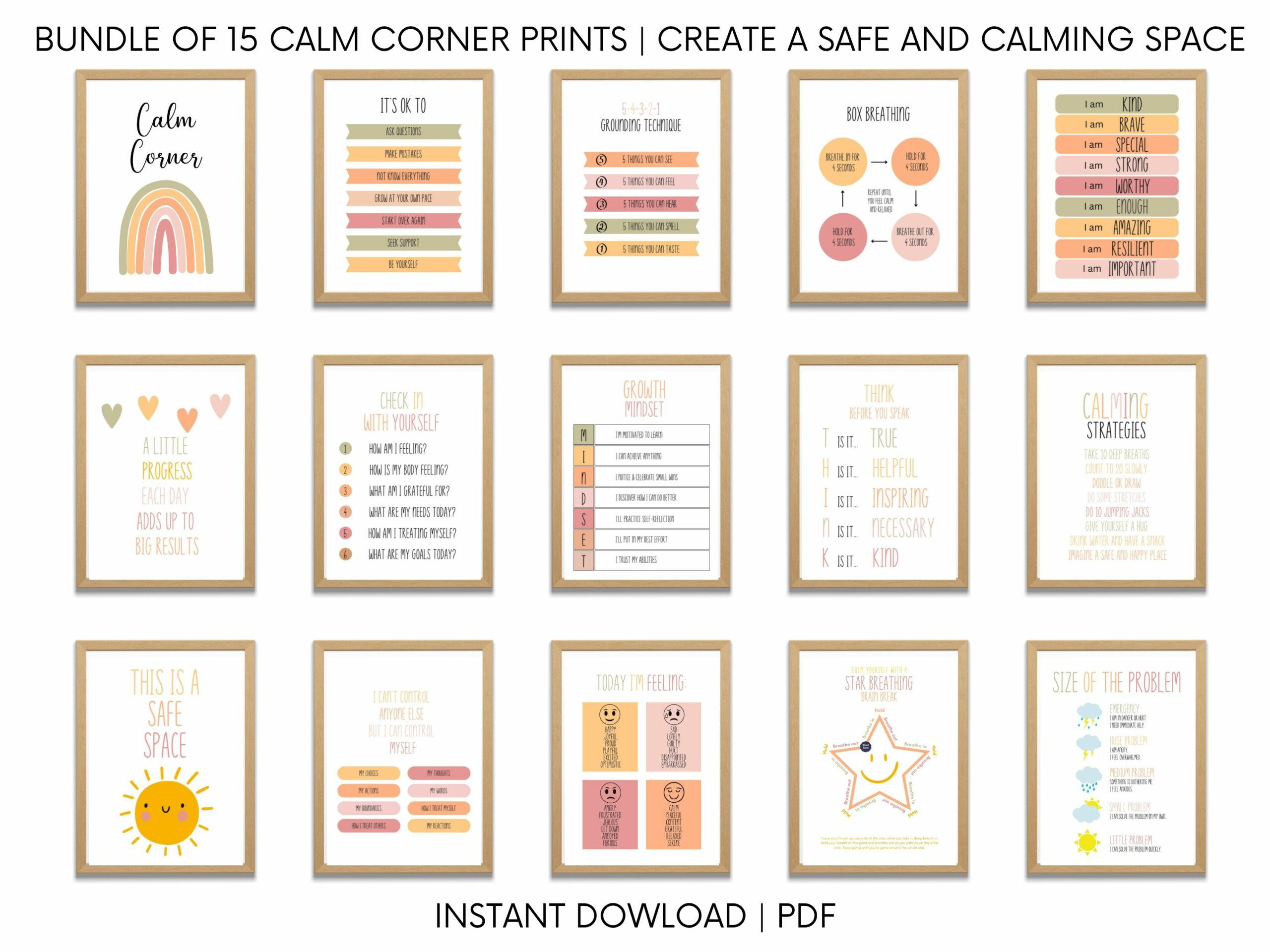 Calming Corner Wall Art Poster Set- 15 Calm Down Strategies throughout Calm Down Corner Printables Free
