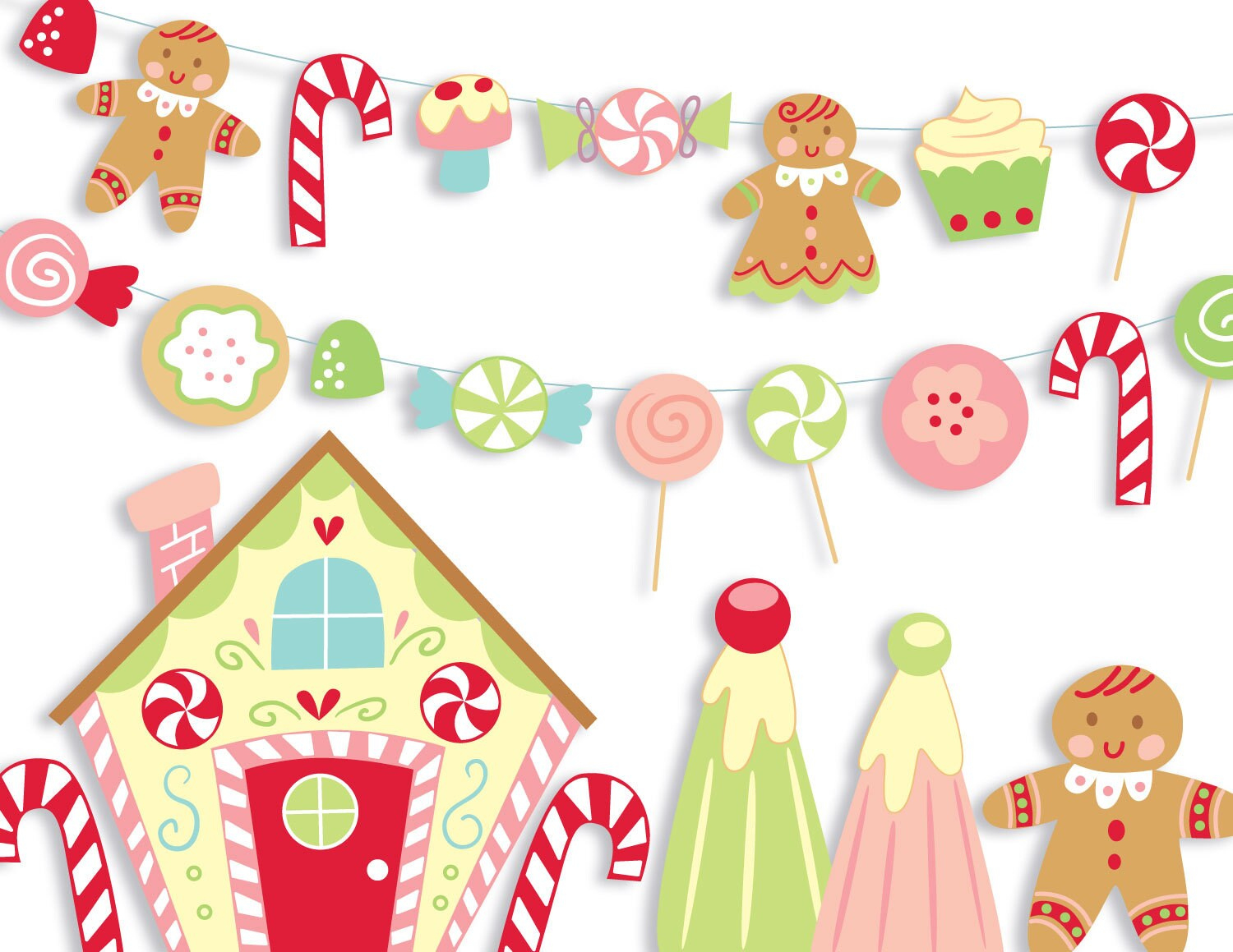 Candy Land Diy Printable Pdf, Png, Svg Cut And Craft Files Gingerbread House Garland And Holiday Party Decor, Christmas Gift Tags, Stickers for Gingerbread House Candy Printables