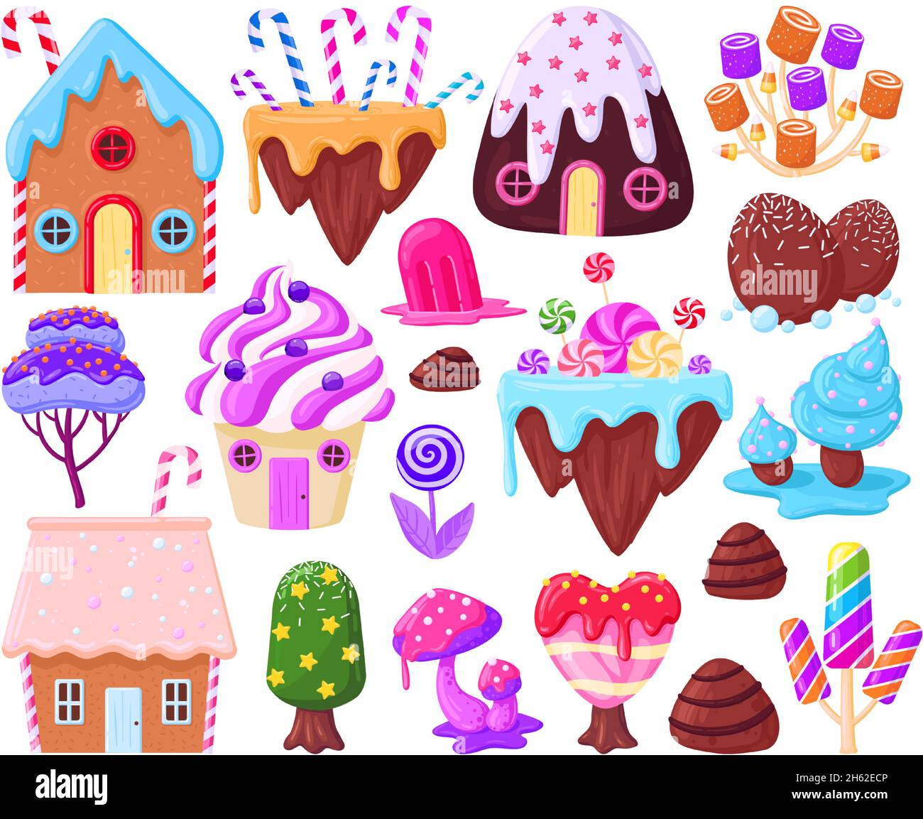Cartoon Sweet Fantasy Gingerbread Houses And Caramel Trees. Fairy in Printable Candy For Gingerbread House