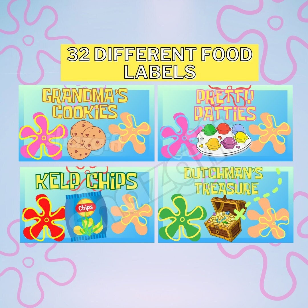 Cartoon Under The Sea 32 Food Labels Tent Dessert Birthday Party regarding Free Printable Spongebob Food Labels