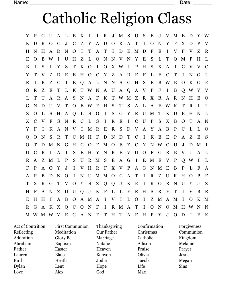 Catholic Religion Class Word Search - Wordmint for Catholic Word Search Printable