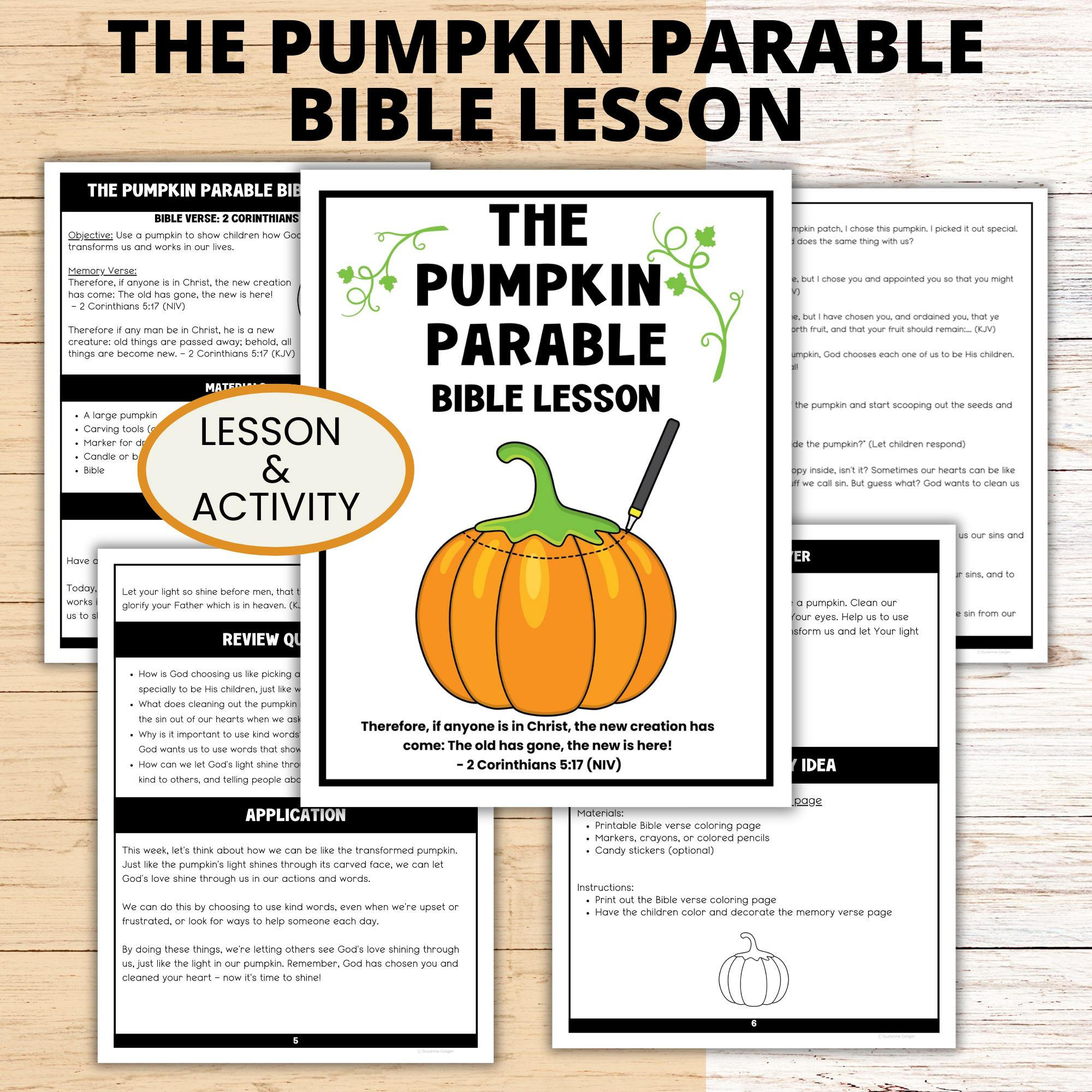 Christian Halloween Pumpkin Parable Bible Lesson Activity, Sunday with Pumpkin Patch Parable Printable