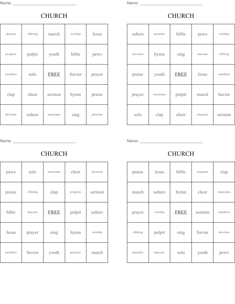 Church Bingo Cards - Wordmint throughout Free Printable Church Bingo Cards