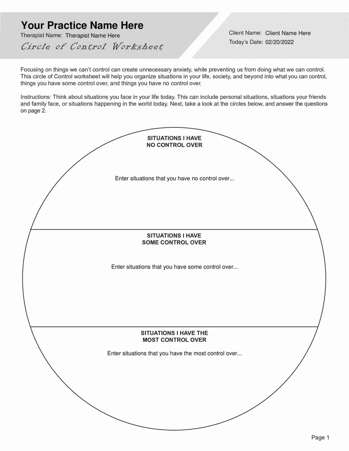 Circle Of Control Worksheet Pdf Template - with Circle of Control Worksheet Printable