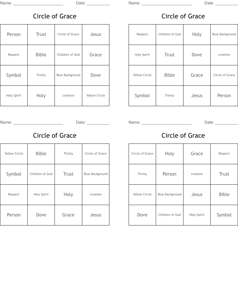 Circle Of Grace Bingo Cards - Wordmint throughout Circle Of Grace Printable