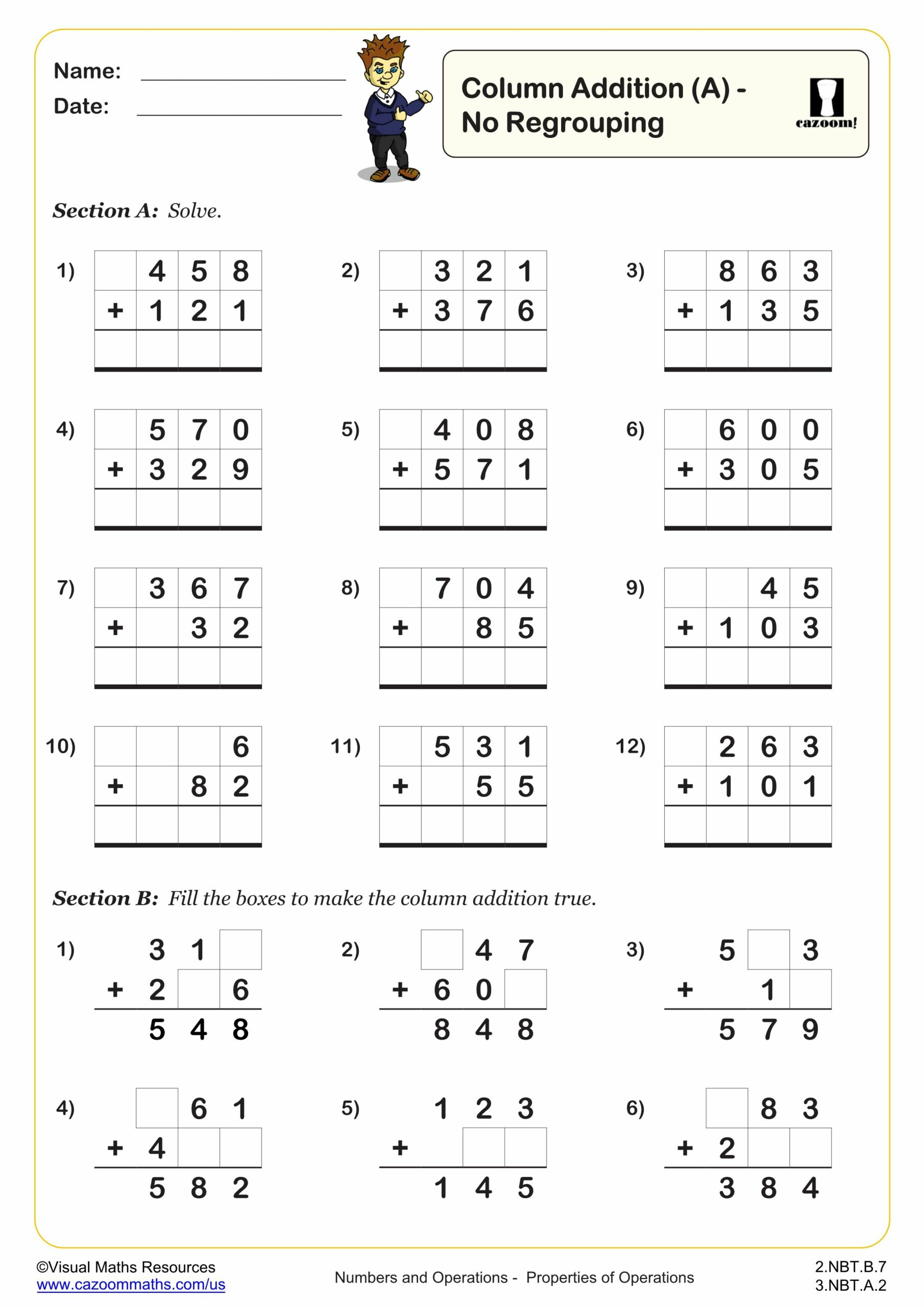 Column Addition (A) Worksheet | 2Nd Grade Addition Worksheets in Column Addition With Pictures Worksheet