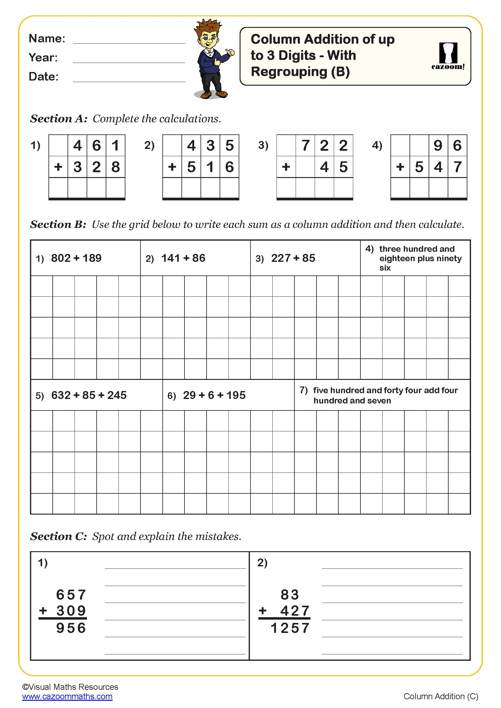 Column Addition Of Up To 3 Digits - With Regrouping (B) | Key pertaining to Column Addition With Pictures Worksheet