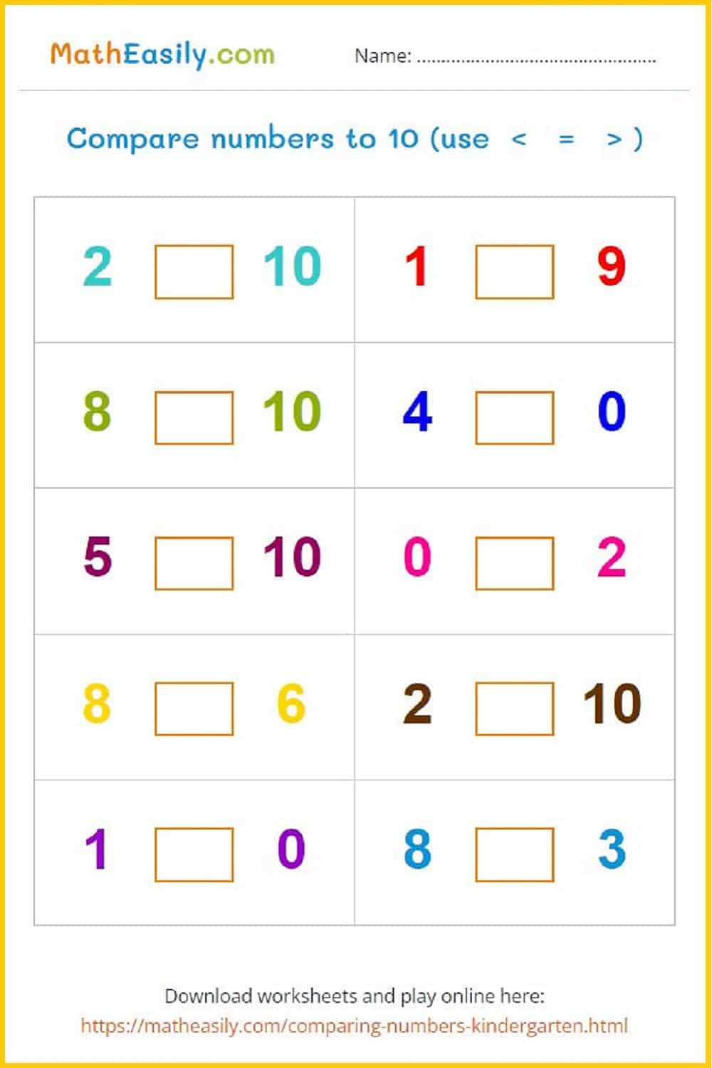 Comparing Numbers Games For Kindergarten + Worksheets throughout Comparing Numbers From 1 To 10 Worksheet