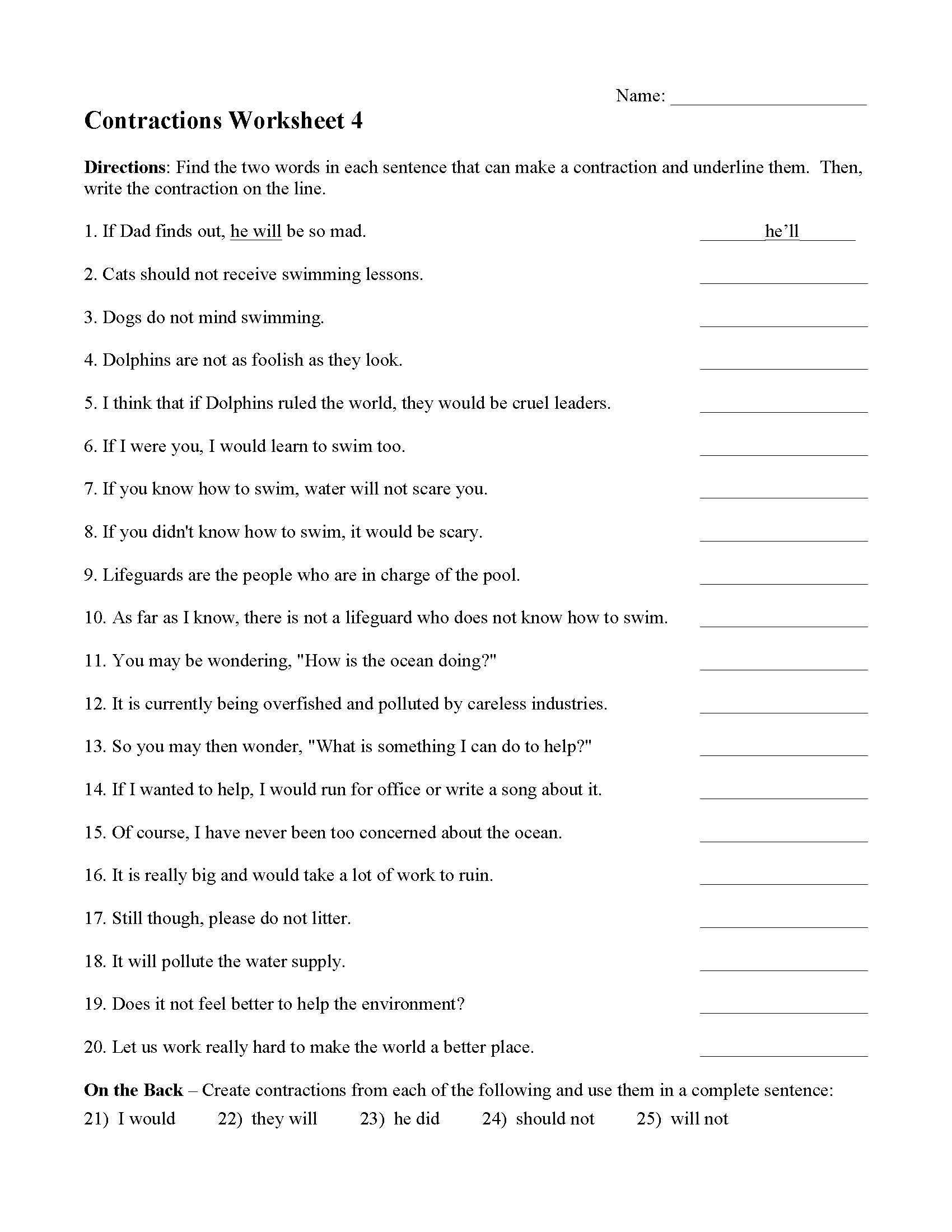 Contractions Worksheet 4 | Grammar Activity for Printable Grammar Worksheets For Grade 4