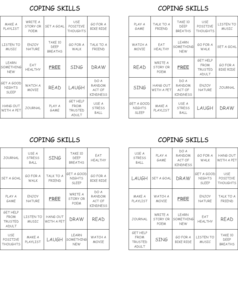 Coping Skills Bingo Cards - Wordmint throughout Coping Skills Bingo Free Printable