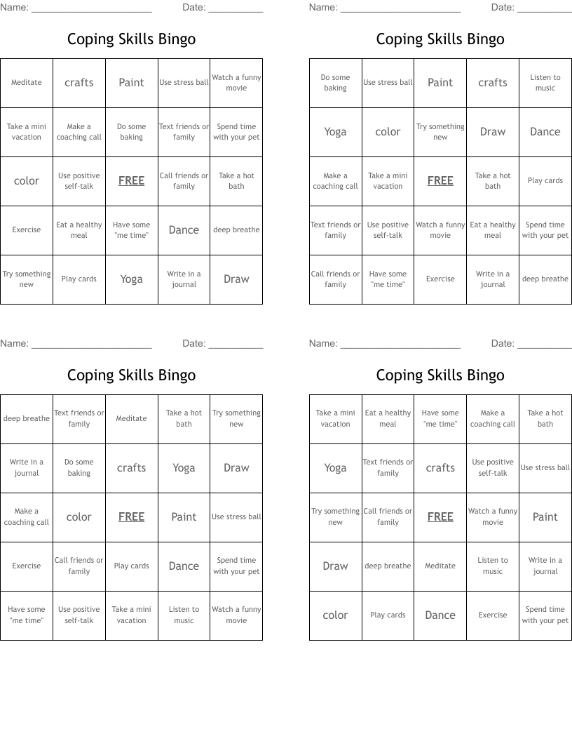 Coping Skills Bingo - Wordmint with regard to Coping Skills Bingo Free Printable