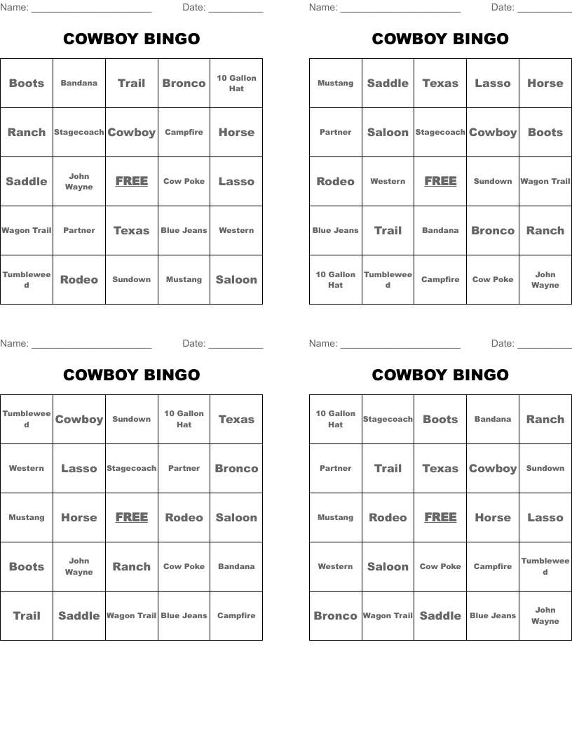 Cowboy Bingo - Wordmint within Cowboy Bingo Printable Cards Free